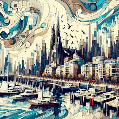 Abstract haven schilderij | Havenverborgen abstractie: een kunstwerk van maritieme mystiek en kleur | Kunst - 100x100 centimeter op Canvas | Foto op Canvas