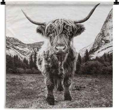 Wandkleed - Wanddoek - Berg - Zwart - Wit - Schotse Hooglander - 180x180 cm - Wandtapijt
