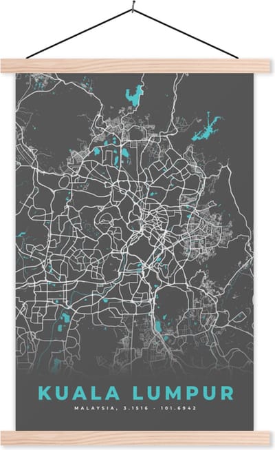 Posterhanger incl. Poster 40x60 cm - Schoolplaat - Kuala Lumpur - Stadskaart - Plattegrond - Kaart - Blauw - Textielposter - Blanke latten - Stadskaart