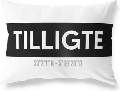 Tuinkussen TILLIGTE - OVERIJSSEL met coördinaten - Buitenkussen - Bootkussen - Weerbestendig - Jouw Plaats - Studio216 - Modern - Zwart-Wit - 50x30cm