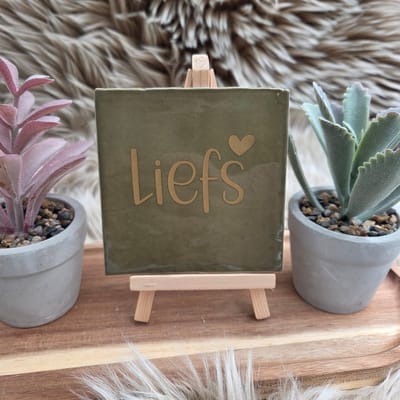 Robuust wenstegeltje “Liefs” – 10x10 cm – Liefdevolle Wanddecoratie & Cadeau – Cadeau vriendin – Woondecoratie quotes – Romantisch cadeau – Decoratief Tegeltje met Standaard – Cadeau Idee