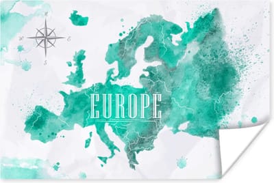 Poster 30x20 cm - Waterverf - Wereldkaart - Europa - Posters - Kamer decoratie - Wanddecoratie woonkamer - Muurdecoratie slaapkamer