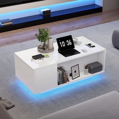 Wishdor Verstelbare salontafel 100x50x40 cm met hydraulische lift, verborgen opbergruimte, LED-appsturing, hoogglans wit