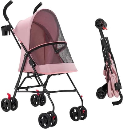 Opvouwbare kinderwagen voor honden, katten, voor kleine en oudere honden, tot 20 kg, wielen met 360° remmen, XXL mand, 3 ramen, bekerhouder, hondenwagen