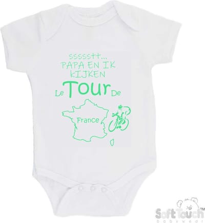 100% katoenen Romper "ssssstt... Papa en ik kijken Le Tour De France" Wielrennen Papa Vaderdag Katoen Wit/mint Maat 68/74