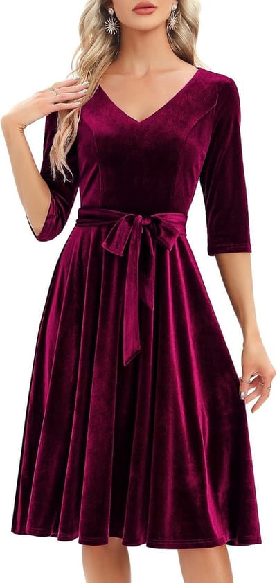 Vintage Vrouwen Jurk met V-Hals en 3/4 Mouwen - Midi Feestjurk met Zakken