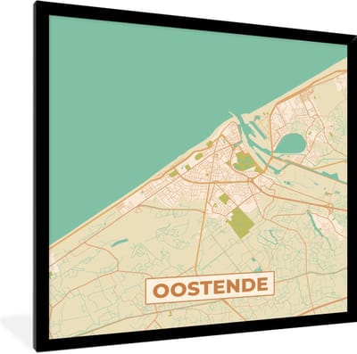Fotolijst incl. Poster - Plattegrond - Stadskaart - Oostende - België - Kaart - 40x40 cm - Posterlijst