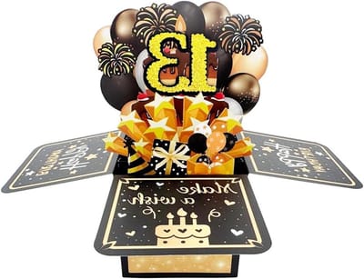 Unieke 3D Verjaardagskaart voor 13-jarige Jongens met Envelop en Notitie, Perfect Cadeau Idee in Zwart en Goud