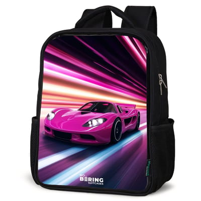 NoBoringSuitcases.com® - Rugzak zwart - Schooltas jongen & meisje - Roze raceauto flitst door neonlicht - Rugtas voor school - Boekentas kind - Schoolrugzak - Kinderrugzak