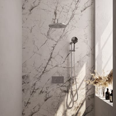 Brauer Chrome Edition thermostatische inbouw regendouche met drukknoppen SET 70 met 30 cm douchekop en gebogen muurarm en 3-standen handdouche en doucheslang en geïntegreerde glijstang chroom