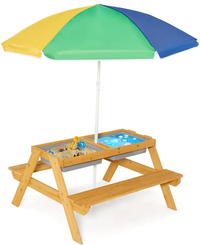KOMFOTTEU Kinderzitjesset, Vurenhout, Kindertafel voor buiten met in hoogte verstelbare parasol, Afneembaar tafelblad & 2 Speelboxen, Picknicktafel, Kinderzitjesset voor buiten