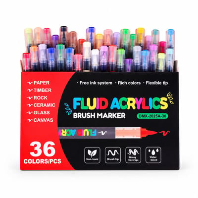 Acrylmarkers - 36 kleuren in doos - direct vloeibaar zonder drukken, laagbaar en waterbestendig - zachte punt - basisverpakking