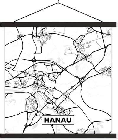 Posterhanger incl. Poster 60x60 cm - Schoolplaat - Plattegrond - Hanau - Stadskaart - Kaart - Textielposter - Zwarte latten - Stadskaart