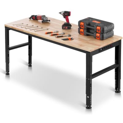 VEVOR Werkbank, 1549 x 508 mm Werktafel, Hoogte Verstelbaar 688-914 mm, Draagvermogen 900 kg, Inclusief Stroomaansluitingen, Hardhouten Oppervlakte, Metalen Frame & Voetkussens, Ideaal voor Garage, Kantoor & Thuis