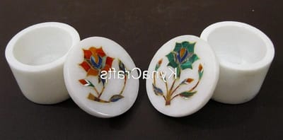 Stenen Sierdoos - Marmeren Doosje - Sieraden Opbergen - Handgemaakt Inlegwerk - 6.5 cm - Wit
