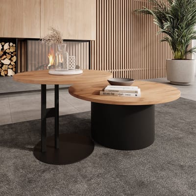 Meubella - Mastro - Salontafel set van 2 - Zwart / Eiken - 58-75 cm