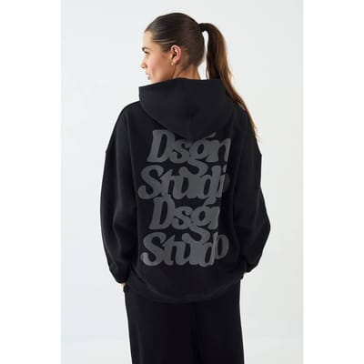 Dames DSGN Studio Puff Print Slogan Oversized Hoodie | Zwart | Maat: XS