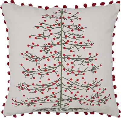 Urbane Hide | Kussenhoes 45x45 cm | Kussenhoezen | Kussenhoesjes | Geborduurd | Feestelijke kerstboom met pomponrand | Katoen | Rood/beige | Zonder Binnenkussen