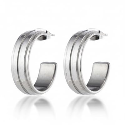 Aramat Jewels | Oorringen | Oorbellen – 23mm Half-Hoop 2 Strepen RVS Zilverkleur Dames | | | |7mm | Staal | Volwassenen | Verkleurd niet