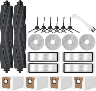 PolkaHome 21-delige Accessoireset geschikt voor Dreame L20 Ultra / L20 Ultra Complete, L30 Ultra / L30 Ultra Complete – Reserveonderdelen, accessoires: 2 hoofdborstels, 4 stofzakken, 6 zijborstels, 4 schoonmaakdoeken, 4 filters en 1 reinigingsborstel