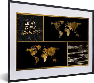 Poster in lijst - Fotolijst 40x30 cm - Posters - Wereldkaart - - Spreuken - Goud - Posterlijst zwart - Decoratie - Wanddecoratie woonkamer - Muurdecoratie slaapkamer