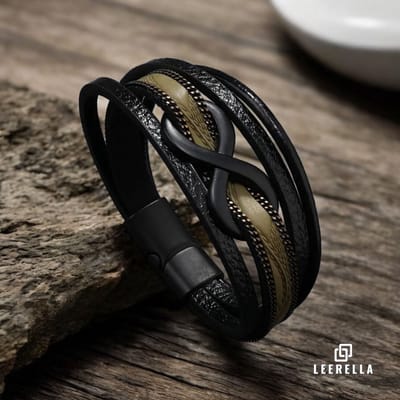 Leerella Leren Unisex Armband Zwart met Olijfgroen met Infinity-Symbool – Stijlvol, Tijdloos en Betekenisvol - 21 cm