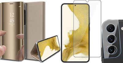 Hoesje geschikt voor Samsung Galaxy S22 Plus - Book Case Spiegel Wallet Cover Hoes Goud - Tempered Glass Screenprotector - Camera Lens Protector