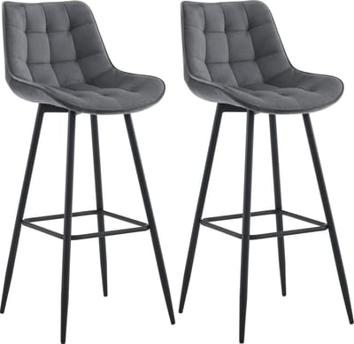 CLP Dartford Set van 2 barkrukken - Met rugleuning - Met voetsteun - Metalen frame - donkergrijs Fluweel
