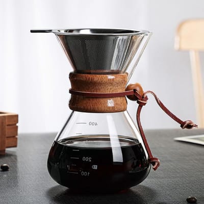 Handmatige Koffiezetter met Dubbele Filter en Houten Deksel - Ideaal voor Thuis, Café en Feesten - 400ml Capaciteit