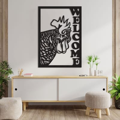 Wanddecoratie - Welkom Kip - Hout - Wall Art - Muurdecoratie - Woonkamer - Zwart - 83.5 x 59 cm