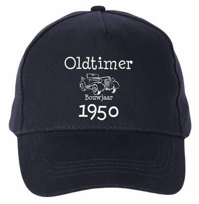 Mijncadeautje - 5 panel - Cap - Verstelbaar - Pet van 100% dik geborsteld katoen- unisex - opdruk wit - Oldtimer 1950 - navy blauw