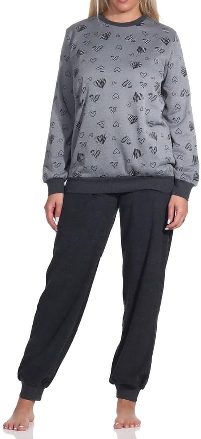 Dames badstof pyjama met manchetten Pyjama in grote hartjes look - ook in overmaten