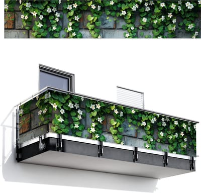 Balkonscherm 500x100 cm - Balkonposter Klimop - Groen - Stenen - Wit - Grijs - Balkon scherm decoratie - Balkonschermen - Balkondoek zonnescherm