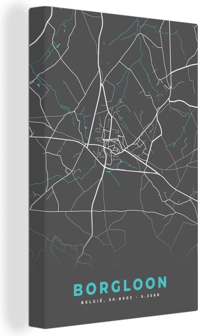 Canvas Schilderij België – Borgloon – Stadskaart – Kaart – Blauw – Plattegrond - 20x30 cm - Wanddecoratie