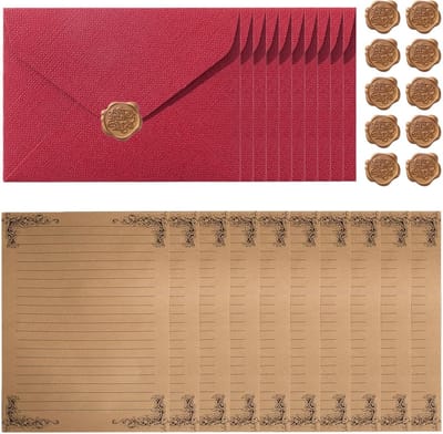 Vintage Briefpapier Set met 10 Enveloppen, 10 Briefpapier en 10 Wasstickers voor Uitnodigingen en Creatieve Projecten