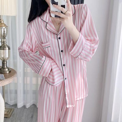 Roze Gestreept Pyjama Set Loungewear Lange Mouwen Broek Huiskleding Dames Bedrukt Revers Nachtkleding Satijn Losse Casual Nachtkleding L gray