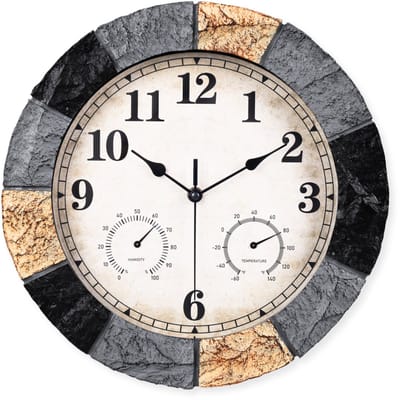 SensaHome Wandklok YS1002 – Waterdichte Steenlook Resin Buitenklok – Ronde Outdoor Klok – Ø33cm – Grijs