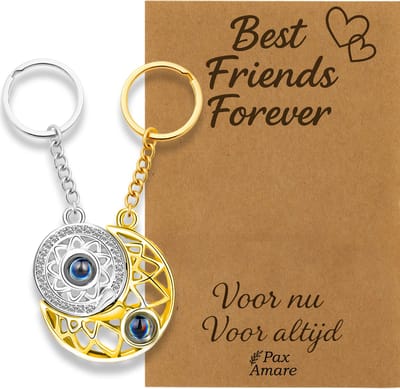 BFF Sleutelhanger voor 2 'Best Friends Forever' - Rondjes ILY IN 100 TALEN - Sleutelhangers op Cadeau Kaartje - Zilverkleurig & Goudkleurig - Vriendschap Symbool - Pax Amare