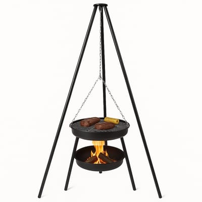 Lomera Vuurschaal Hangend - met Grillrooster - Driepoot Model - Grillplaat Inbegrepen met Ketting - Barbecue Functie - Staal - Buiten Koken - Vuurplaats met Grill - Tuin en Terras - Tuinaccessoires