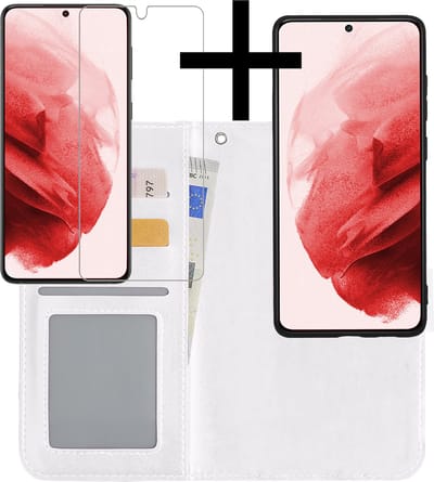 Hoesje - 2 in 1 - Geschikt voor Samsung Galaxy S21 - Met Screenprotector - En Uitneembare Hard Cover - Bookcase - Wallet Case - Met Pasjeshouder - Book Case - Uitneembaar - Pashouder - Kunstleer - Wit
