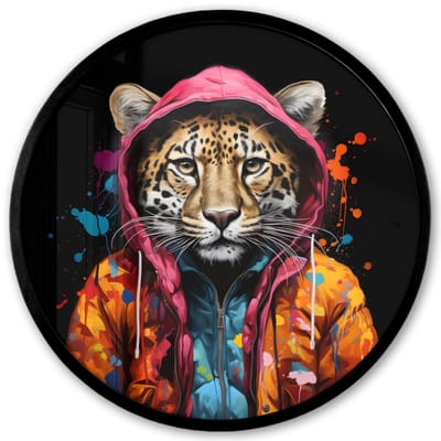 Poster in lijst Rond - Fotolijst 40x40 cm - Posters - Graffiti - Luipaard - Zwart - Jas - Ronde posterlijst zwart - Decoratie - Wanddecoratie woonkamer - Muurdecoratie slaapkamer