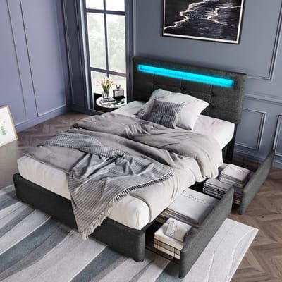 VVBV Gestoffeerd Bed met Opbergruimte 90x200 cm met Houten Lattenbodem, Verstelbaar Hoofdbord - Hout Grijs - Zonder Matras