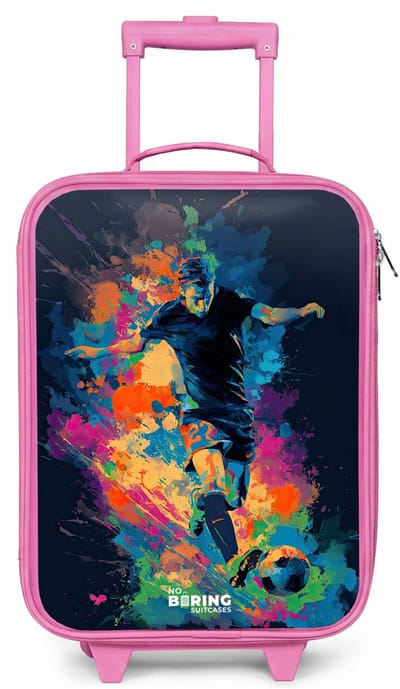 NoBoringSuitcases.com® - Kinderkoffer roze - Kindertrolley meisje - Neon - Voetballer - Kleurrijk - Koffer kind lichtgewicht - Reiskoffer trolley voor kinderen - Koffertje met lichtgevende wieltjes - Rolkoffer