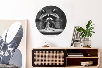 WallCircle - Wandcirkel - Muurcirkel - Wasbeer - Cute - Pasta - Tafelkleed - Zwart - Wit - Aluminium - Dibond - 60x60 cm - Binnen en Buiten