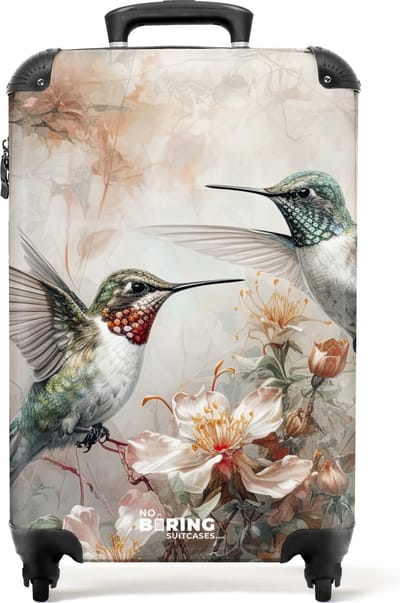 NoBoringSuitcases.com® - Handbagage koffer lichtgewicht - Reiskoffer trolley - Twee fladderende kolibries tussen bloemen - Rolkoffer met wieltjes - Past binnen 55x40x20 en 55x35x25