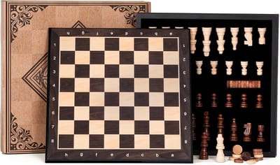 Lift-Off Deksel Houten schaakspel, magnetisch, 2-in-1 schaakspel & dame reisschaak met figuren, traditioneel schaakcadeau voor volwassenen en kinderen