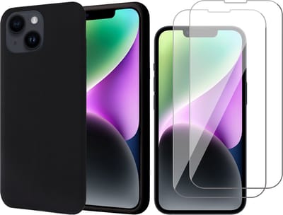 Hoesje geschikt voor iPhone 14 - 2x Screen Protector GlassGuard - Back Cover Case SoftTouch Zwart & Screenprotector