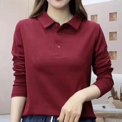 Revers Dames Modieus Effen Kleur Nieuwe Polokraag Lange Mouw Top G Middenleeftijd Moeder Lente en Herfst Afslankend en Verjongend Shirt 2XL brown