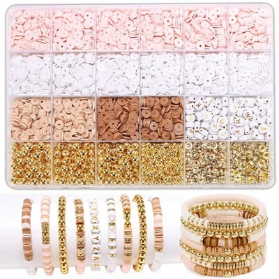 Sieraden Maken Set - Hobby kralen set - 2340 stuks - Armband Maken Set Roze & Beige – Polymer Clay Beads Sieraden Kit met Gouden (Letter)kralen - Inclusief draad - Kralenset voor Eigen Armbandjes