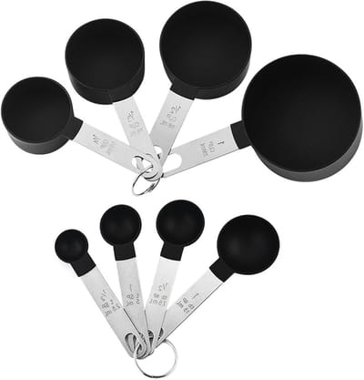 Set van 8 Maatlepels en 4 Maatbekers met RVS Handvatten voor Keuken, Bakken en Koken, Perfect voor Vloeibare Ingrediënten en Nauwkeurige Maatvoering